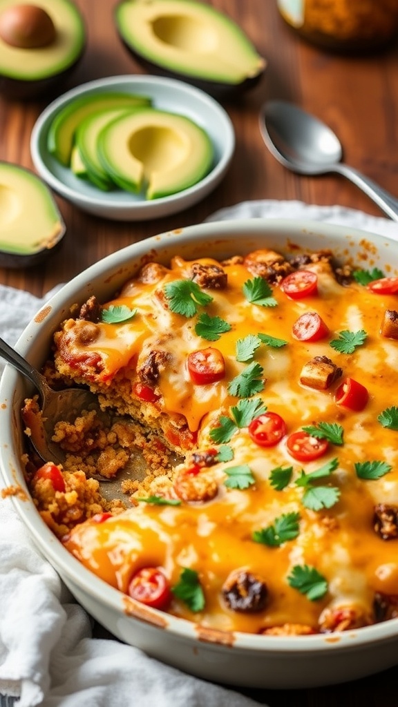 A hearty quinoa chicken enchilada casserole topped with melted cheese and cilantro, served in a rustic dish.